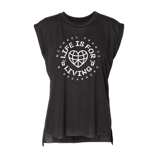 Black sleeveless t-shirt with white text and a heart-globe logo design.