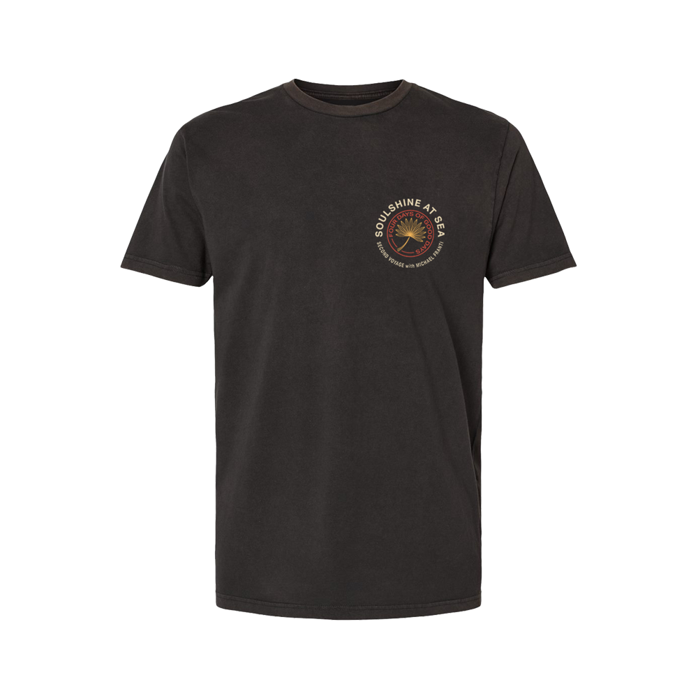 Dark gray t-shirt with a circular logo on the left chest area.