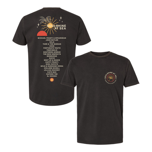 Official Michael Franti Merchandise. 100% airlume combed and ringspun cotton with Soulshine at Sea cruise graphic.
