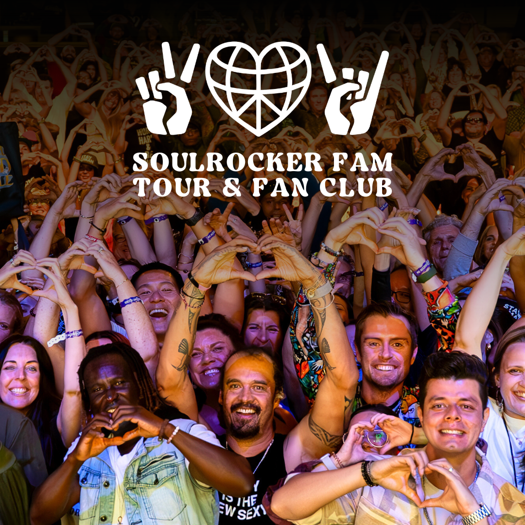Crowd of enthusiastic fans at a ’Soulrocker Fam Tour & Fan Club’ event, with raised arms and excited expressions.