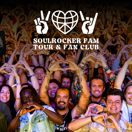 Crowd of enthusiastic fans at a ’Soulrocker Fam Tour & Fan Club’ event, with raised arms and excited expressions.