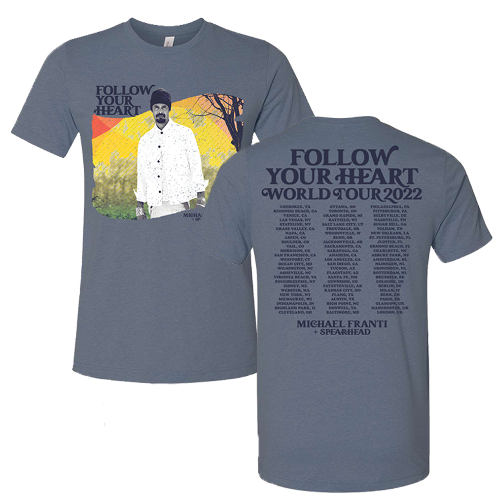 Gray t-shirt with ’Follow Your Heart’ tour design featuring artwork on front and tour dates on back.