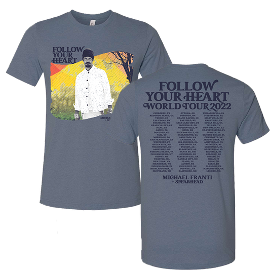 Gray t-shirt with ’Follow Your Heart’ tour design featuring artwork on front and tour dates on back.