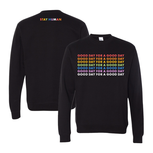 Black sweatshirt with colorful positive messages on front and back.